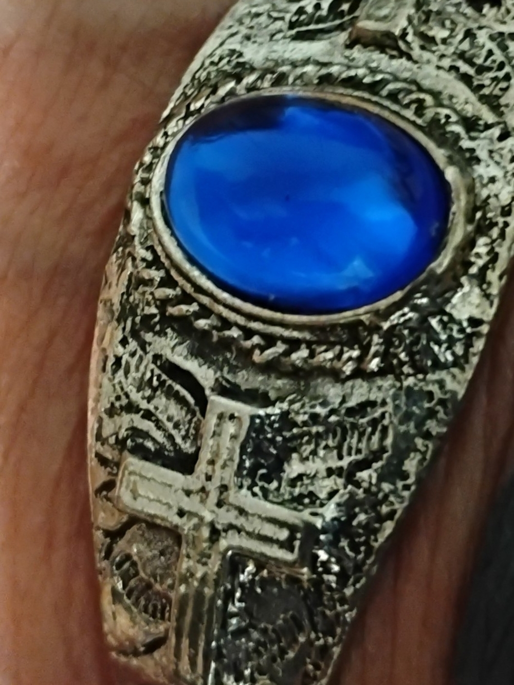 Blue Stone Cross Cuff Bracelet- Silver Tone 8 Inches